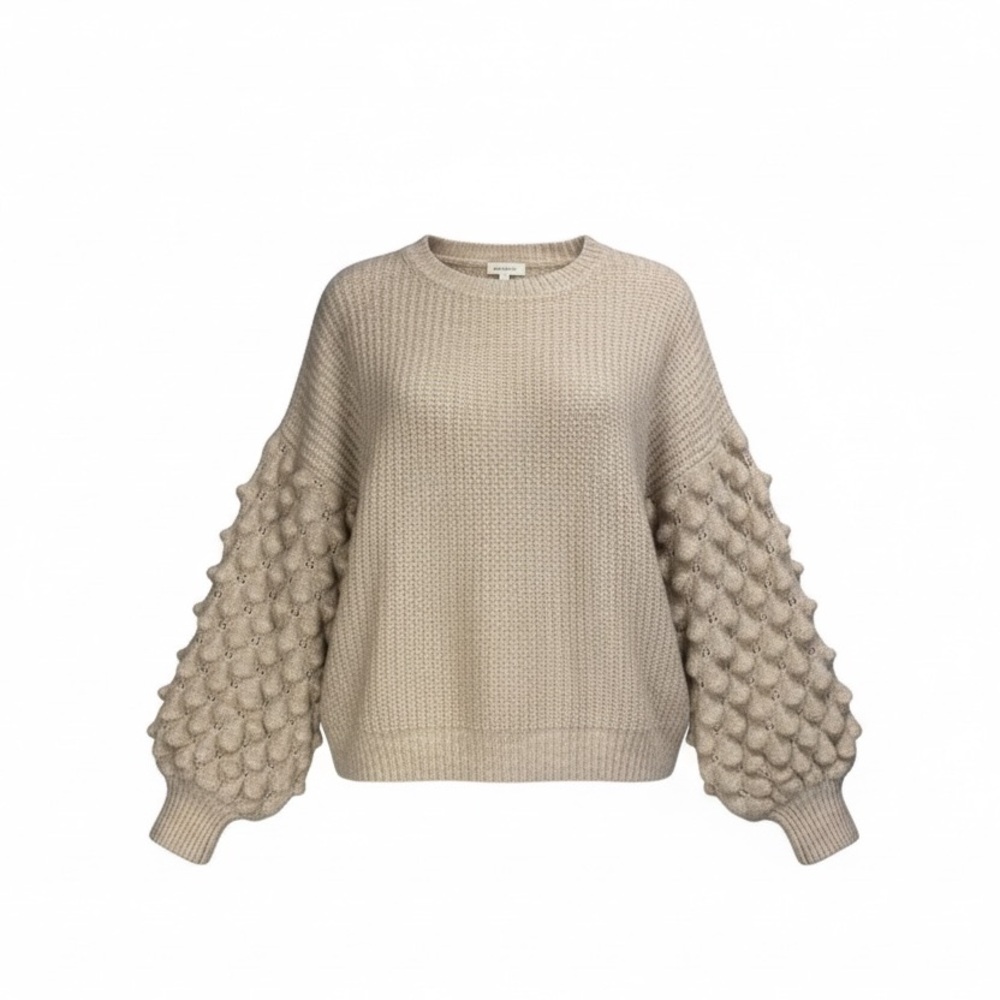 DEBUT Oatmeal Beige Knit Sweater Puffy Crocodile Stitch Sleeves Medium Cropped